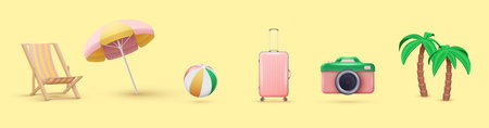 3D beach. Summer vacation icons. Palm tree. Travel lounge chair. Summertime holiday elements. Sunbathing umbrella and sea ball. Baggage suitcase. Photo camera. Vector render objects setのイラスト素材