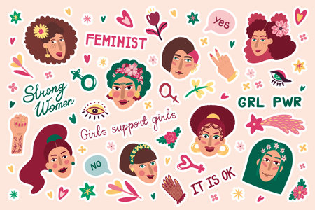 Feminism stickers. Girl power. Frida face. Funny female heads. Women solidarity. Sisterhood support. Feminists lettering. Happy characters. Activists movement. Vector illustration setのイラスト素材