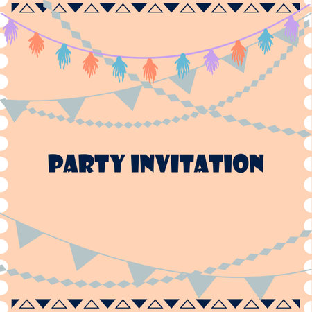 Lama poster. Party invitation. Ethnic flag garlands. Peru ornament frame. Holiday greeting card. Mexican anniversary festival. Birthday celebration postcard. Vector festive banner designのイラスト素材