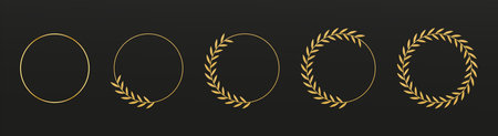 Branches golden. Leaf logo. Round award elegant frame for logotype design, circular gold luxury wreath, circle stamp or badge, certificate template, ring leaves, crest. Vector laurel bordersのイラスト素材