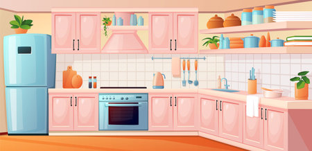 Kitchen interior. Inside cartoon house room with cooker stove and kitchenware. Furniture for cooking. Retro fridge and oven. Household appliances on counter. Vector cozy illustrationのイラスト素材