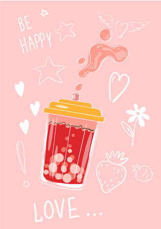 Bubble tea. Be happy card. Funny drawing. Cocktail glass with straw and milk splash. Tasty beverage. Love and stars. Strawberry and raspberry flavor. Tapioca balls. Vector drink posterのイラスト素材