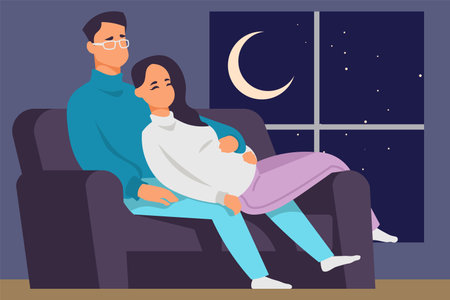 Cartoon couple. Family lying together on sofa. Young man and pregnant woman relaxing on couch. Cozy home. Starry sky and night moon in window. Evening living room. Vector illustrationのイラスト素材