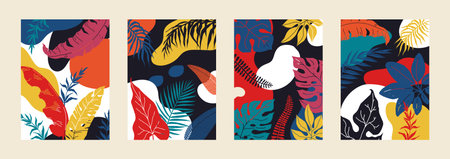 Jungle pattern. Abstract leaf art, nature palm flowers, paper summer plants, tropical beach posters. Trendy botanical foliage shapes. Modern minimal exotic texture. Vector design backgroundのイラスト素材