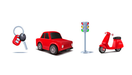 3D car. Red bike and automobile. Traffic lights. Auto key. Realistic vehicles and driving elements. Transportation by road. City scooter or transport render signs. Vector cartoon icons setのイラスト素材