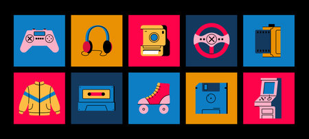 80s or 90s stickers. Pop fashion style. Funky eighties. Retro music. Roller skates. Game party....