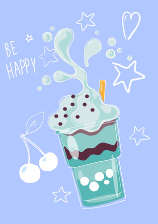 Bubble tea. Mint cold drink, chocolate and cream. Popular taiwanese sweet pearl milk with tapioca balls. Asian milkshake liquid dessert, poster for menu. Vector cartoon cocktail illustrationのイラスト素材