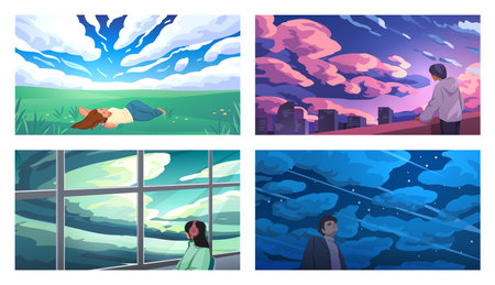 Travel people. Sky clouds. Adventures in nature and city. Admire sunrise. Man or woman journey. Couple looking at window. Meadow or urban landscape. Vector cartoon illustrations setのイラスト素材