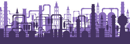 Factory production. Gas or oil industry. Refinery purple silhouette. Chemical manufacturing....