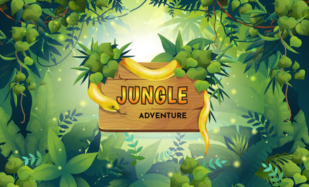 Jungle background. Cartoon tropical forest and wooden board with spake, rainforest garden, tropic tree in magic nature plant wood, green frame. Backdrop with signboard. Vector game designのイラスト素材