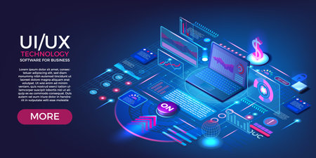 UI technology. Internet website. UX interface. Isometric dashboard. Software for business process. Laptop and digital infographic. Statistics dollar growth. Vector web banner designのイラスト素材