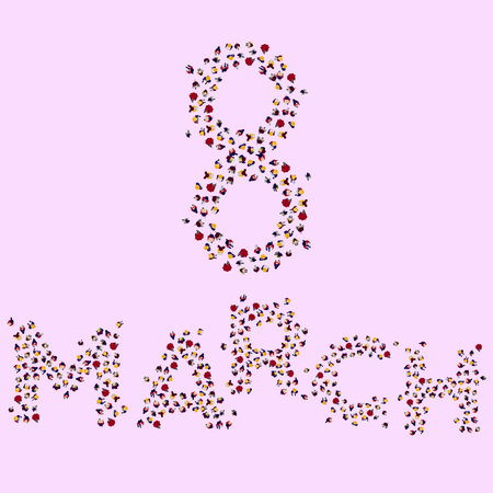Crowd cartoon word. 8 March. Womens Day. Many girls and guys walking. People community. Pedestrian...