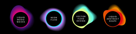 Fluid gradient circle. Liquid neon background, blue and red, purple and pink colors on black, light wave spheres. Trendy modern design with copy space for text. Vector abstract posters setのイラスト素材