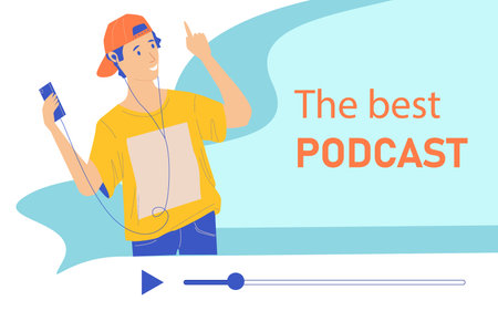 People listen to music. Happy teenager with phones and headset. Podcast streaming. Audiobook enjoying. Online technology. Guy with headphones. Radio broadcasting. Vector cartoon bannerのイラスト素材