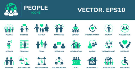 People icons. Persons group. Team members symbols collection. Family with children. Human audience. Crowd culture. Business communication. Earth population. Vector design signs setのイラスト素材