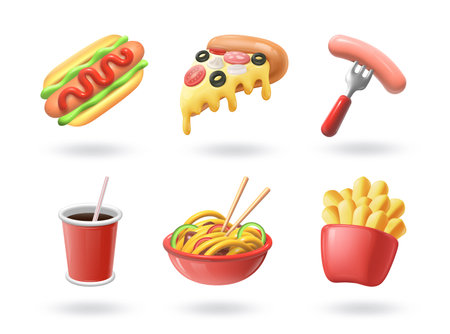 3D fast food. Burger or fried potato. Sausage on fork. Cola in glass. Takeaway junk snack. Pizza for restaurant menu. Bread with meat. Noodle bowl with chopsticks. Vector render objects setのイラスト素材