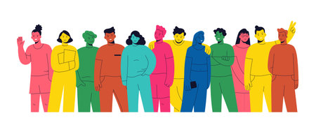 Young people. Happy men and women standing together. Group diverse concept. Family team. Community collaboration. Multicultural persons gathering. Bright colors. Vector flat designのイラスト素材