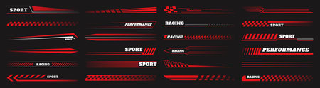 Race stripes. Sport car design. Line flag stickers. Speed wrap checker for bike or motorcycle. Automobile side abstract decoration. Rally performance. Vector background elements setのイラスト素材