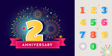 Anniversary celebrate. Firework explosions. Happy birthday party celebration. Year number. Jubilee Day. Stars and pyrotechnic bursts. Holiday banner template. Vector flyer backgroundのイラスト素材
