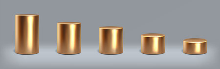 Gold podium. 3D golden cylinder. Metallic stand. Bronze stage. Glossy pedestal. Metal pillar base. Tube or step platform. Realistic column. Studio presentation. Vector isolated shapes setのイラスト素材