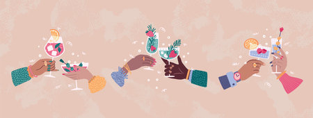 Wine glass. Hands hold alcohol drinks, champagne or martini, Prosecco on holiday party, ice sangria. Different cocktails with fruits and berries, celebration cheers, Vector cartoon beverageのイラスト素材