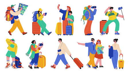 Travel characters. Tourism, walking persons with baggage and backpack, happy woman and man with luggage and phone on excursion or in airport. Cartoon flat style isolated vector setのイラスト素材