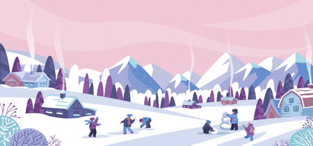 Snowy landscape. Winter holidays. Mountain scenery. Christmas rocky village. Children groups play with snow. Outdoor Xmas games. Cold season nature. Rural houses. Vector illustrationのイラスト素材