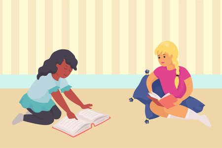 Reading children. Cartoon school characters sitting on floor with books. Cozy room. Girls enjoy of literature. Educational textbooks learning. Entertainment novels. Vector illustrationのイラスト素材