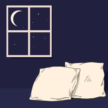 Pillow sketch. Sweet dream. Bedroom interior. Bed cushion. Comfortable bedding. Night dark sky with crescent and stars. Window in room apartment. Nighttime sleep. Vector illustrationのイラスト素材