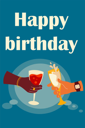 Cheers hands. Arms hold wine and champagne in glasses. Celebration birthday and new year. Holiday party drinks. Greeting and postcard. Invitation card. Vector cartoon flat isolated illustrationのイラスト素材