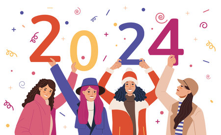 2024 New Year. Happy people celebrate winter holiday. Smiling girls team. Happy women hold numbers. Anniversary party. Joyful celebration. Festive event background. Vector illustrationのイラスト素材