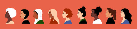 Women profile. International woman day, hair and face silhouette, female people beauty girl in hijab. Various nationality. Blonde and brunette, african american and muslim, vector cartoon setのイラスト素材