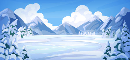 Winter landscape. Snow Christmas day scenery. Ice Canada mountains. Nature panorama. New Year frozen lake. Snowy pine trees. Wild forest. Rocky peaks. Cold season. Vector backgroundのイラスト素材