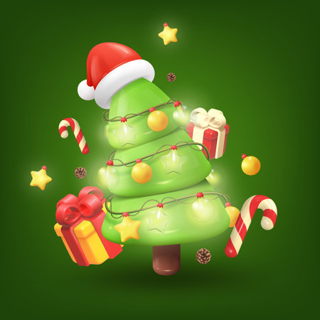 3d christmas tree. New year or happy xmas party gift, holiday winter decor, santa hat and stars, noel render. Greeting and invitation card design. Vector background, isolated cartoon elementsのイラスト素材