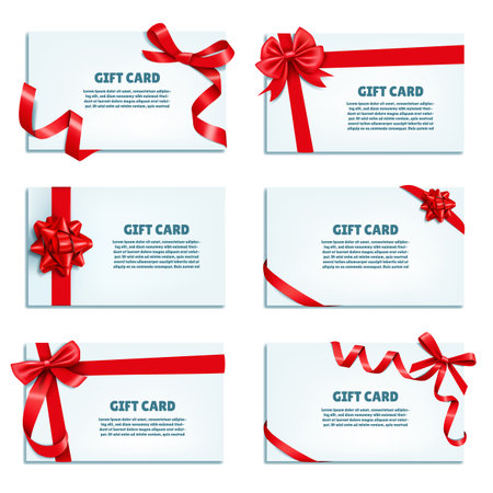 Gift cards. Ribbon bow. Present red decor or holiday coupon with tag. Present for birthday or Xmas. Satin tape. Anniversary celebration invitation template. Vector tickets design setのイラスト素材