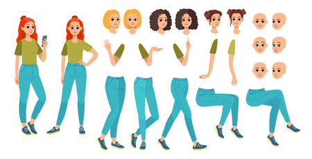 Woman constructor. Female girl face, body parts, different haircuts and emotions. Front and side view, young human design, pretty head, various action. Vector cartoon flat isolated illustrationのイラスト素材