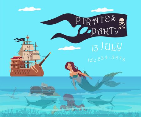 Pirate party invitation banner. Filibuster wooden ship. Sailing boat. Mermaid in sea waves. Treasure chest. Buccaneers adventure. Children holiday invite. Vector greeting card designのイラスト素材