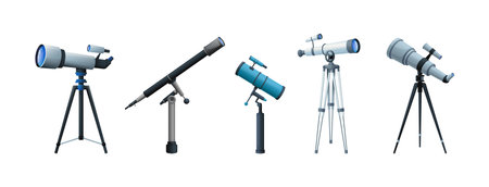 Telescope at tripod. Astronomy research. Space tools. Mobile or travel universe discovery. Science glass for galaxy learning. Magnification equipment. Vector observing instruments setのイラスト素材