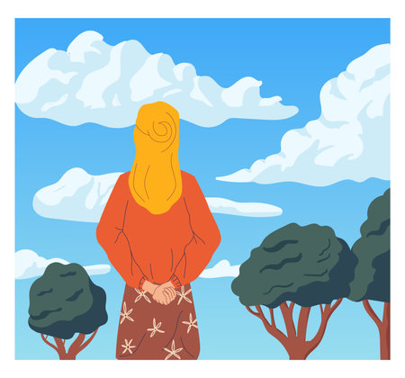 People looking forward. Woman admiring nature landscape. Admiration of scenic forest and sky clouds. Standing female back view. Girl watching to horizon. Summer park. Vector illustrationのイラスト素材