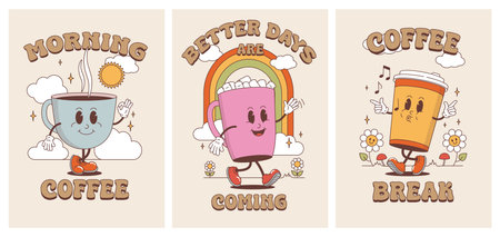 Retro coffee logo. Cup character with happy face. Vintage poster for breakfast. Cute mug mascot. Cartoon stickers. Hot caffeine drink glass. Clouds or rainbow. Vector posters design setのイラスト素材