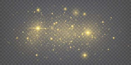 Star dust. Light gold glitter, magic shine effect, golden confetti or glow spark, flare texture isolated on transparent background. Minimal festive starlight. Vector illustrationのイラスト素材