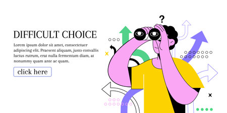 Difficult choice landing page design. Web banner. Choose way. Abstract man hold binocular, student, job or education concept, business decision for future. Vector people, illustrationのイラスト素材