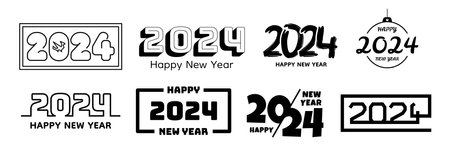 2024 logo. Happy New Year calendar. Chinese symbols. Text font. Christmas numbers. Anniversary celebration. December holiday calligraphy or typography for party. Vector icons design setのイラスト素材