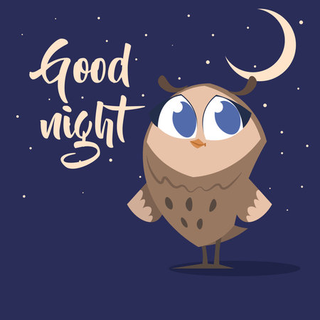 Cute animals. Cartoon adorable owl. Moon and stars in midnight sky. Good night lettering. Sweet dreams. Little owlet character. Baby sleep banner. Nighttime rest. Vector kids bedtime cardのイラスト素材