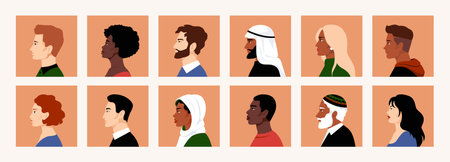 People faces. Woman and man portrait or avatar side view, old and young person head, Asian and arab girls and boys, different hairstyle, various race. Cartoon flat isolated vector setのイラスト素材