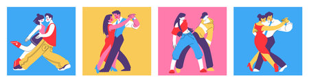 Dancing people. Music, contemporary couple characters, passion in relationships, young woman and man in love. Disco party boys and girls cartoon flat isolated illustration. Vector abstract setのイラスト素材