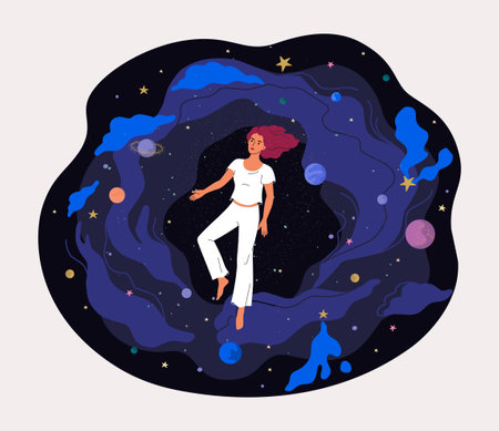 Person in space. Galaxy strange imagination. Woman mindfulness and consciousness. People in fantasy dream world. Astronomy science. Girl floating in zero gravity. Vector illustrationのイラスト素材