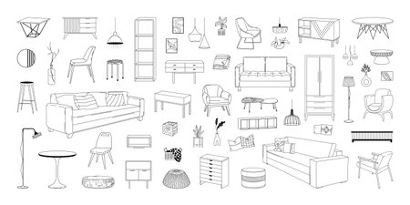 Home interior. Line table and chair sketch. Modern couch and plants in pots. Room decor. Hand drawn house cupboard. Pillows or blankets. Furnishing outline collection. Vector furniture setのイラスト素材