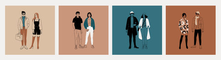 Fashion characters. Trendy clothes. Comic people sketch. Japanese boy or man outfit. Fashionable girl apparel. Casual garment wear. Portrait cards. Vector modern banners design setのイラスト素材