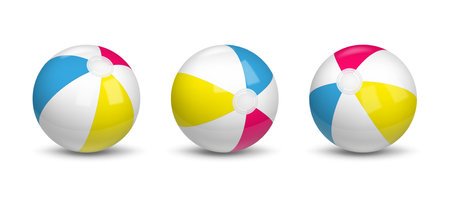 Beach ball. Swimming pool summer party. Volleyball element. Sand sport game. Inflatable rubber bubble. Striped plastic sphere. Bouncing toy. Vector realistic isolated circle objects setのイラスト素材
